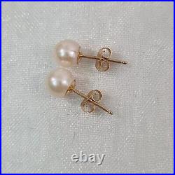 Vintage 14k Yellow Gold Pearl Stud Earrings and 22 Pearl Necklace Set