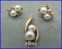 Vintage 14k Yellow Gold Pearls & Diamonds Pendant and Earrings Set