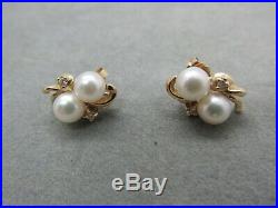 Vintage 14k Yellow Gold Pearls & Diamonds Pendant and Earrings Set