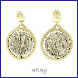 Vintage 14k Yellow Gold Prong Set Round Ancient Coin Drop Dangle Post Earrings