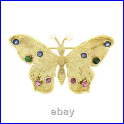 Vintage 14k Yellow Gold Sapphire Emerald Ruby & Pearl Bezel Set Butterfly Brooch