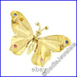 Vintage 14k Yellow Gold Sapphire Emerald Ruby & Pearl Bezel Set Butterfly Brooch