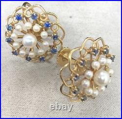 Vintage 14k Yellow Gold Sapphire & Pearl Clip On Earrings & Brooch Set 14.59g
