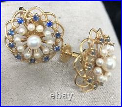 Vintage 14k Yellow Gold Sapphire & Pearl Clip On Earrings & Brooch Set 14.59g