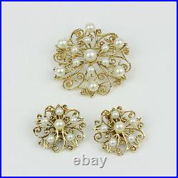Vintage 14k Yellow Gold and Pearl Matching Brooch and Clip-On Earrings Set
