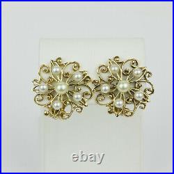 Vintage 14k Yellow Gold and Pearl Matching Brooch and Clip-On Earrings Set