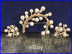 Vintage 14k gold fabulous pearl brooch earring set 20 gr