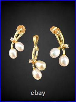 Vintage 14kt Yellow Gold Freshwater Pearl Diamond Earring Pendant Set Pierced Vintage 14kt Yellow Gold Freshwater Pearl Diamond Earring Pendant Set Pierced