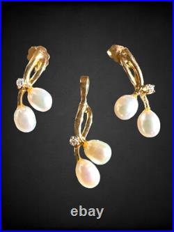 Vintage 14kt Yellow Gold Freshwater Pearl Diamond Earring Pendant Set Pierced Vintage 14kt Yellow Gold Freshwater Pearl Diamond Earring Pendant Set Pierced