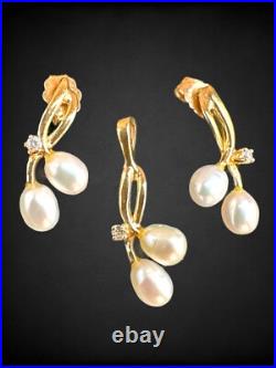 Vintage 14kt Yellow Gold Freshwater Pearl Diamond Earring Pendant Set Pierced Vintage 14kt Yellow Gold Freshwater Pearl Diamond Earring Pendant Set Pierced