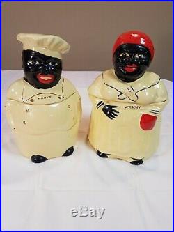 Vintage 1940s Cooky and Mammy Cookie Jar set by Pearl China Gold Gilt Americana