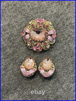 Vintage 1960's West Germany Ornate Mirror Pink Rhinestone Filigree Pin Earrings