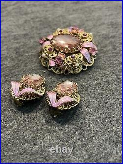 Vintage 1960's West Germany Ornate Mirror Pink Rhinestone Filigree Pin Earrings