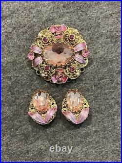 Vintage 1960's West Germany Ornate Mirror Pink Rhinestone Filigree Pin Earrings