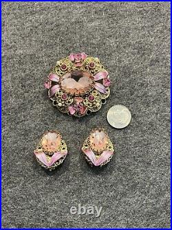 Vintage 1960's West Germany Ornate Mirror Pink Rhinestone Filigree Pin Earrings