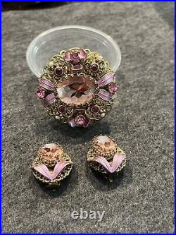 Vintage 1960's West Germany Ornate Mirror Pink Rhinestone Filigree Pin Earrings