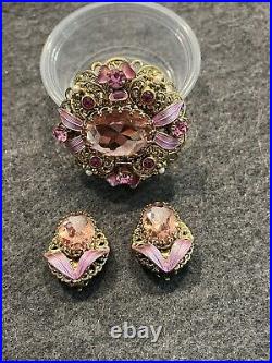 Vintage 1960's West Germany Ornate Mirror Pink Rhinestone Filigree Pin Earrings