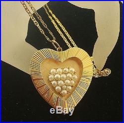 Vintage 1960s Large Heart-shaped Solid Gold Pendant Set with 17 Genuine Pearls