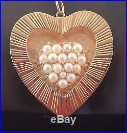 Vintage 1960s Large Heart-shaped Solid Gold Pendant Set with 17 Genuine Pearls