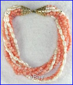 Vintage 1980's 14k Gold Coral Pearl Necklace Bracelet Set Torsade