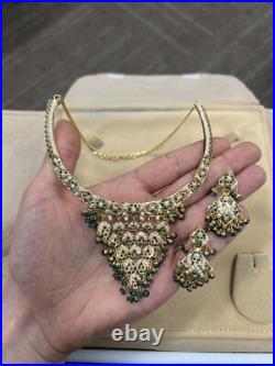 Vintage 19k Gold Indian Style Pearl & Emerald Earring Necklace Wedding Set