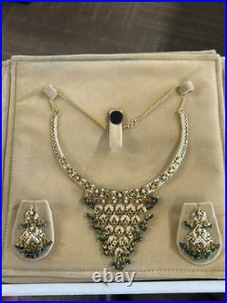 Vintage 19k Gold Indian Style Pearl & Emerald Earring Necklace Wedding Set