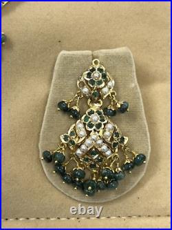 Vintage 19k Gold Indian Style Pearl & Emerald Earring Necklace Wedding Set