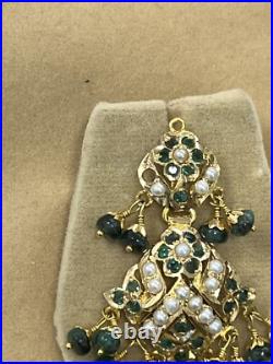 Vintage 19k Gold Indian Style Pearl & Emerald Earring Necklace Wedding Set