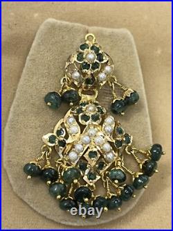 Vintage 19k Gold Indian Style Pearl & Emerald Earring Necklace Wedding Set