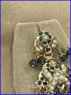Vintage 19k Gold Indian Style Pearl & Emerald Earring Necklace Wedding Set