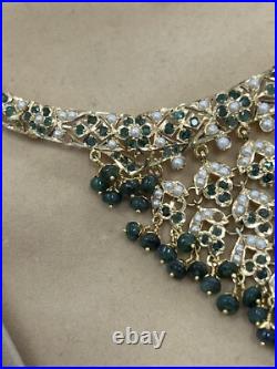 Vintage 19k Gold Indian Style Pearl & Emerald Earring Necklace Wedding Set