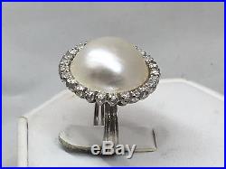 Vintage 2.30 ctw MABE PEARL & DIAMOND 18K White Gold EARRINGS & RING SET
