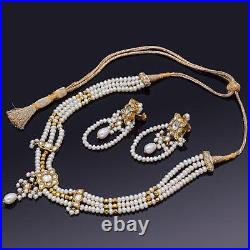 Vintage 24K Gold Vermeil Sea Pearl & White Sapphire Beaded Necklace Earrings Set