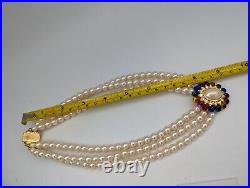 Vintage 3 Faux Pearl Strand Gripox Multicolor Rhinestone Gold Set Clip On