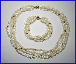 Vintage 4 Strand Rice Pearls Necklace & Bracelet Set 14k Gold Accents Clasp