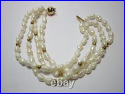 Vintage 4 Strand Rice Pearls Necklace & Bracelet Set 14k Gold Accents Clasp