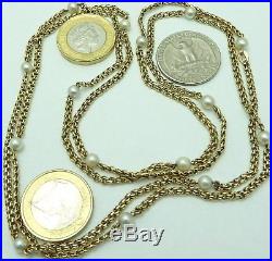 Vintage 40 inch long 9ct British hallmarked yellow gold pearl set guard chain