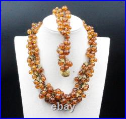 Vintage 40's Crackle Glass Cluster Beads Designer High End Necklace Bracelet Set