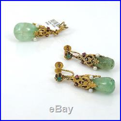Vintage 44.70ct Green Beryl Pearl & 0.45ct Ruby 14K Gold Earrings & Pendant Set
