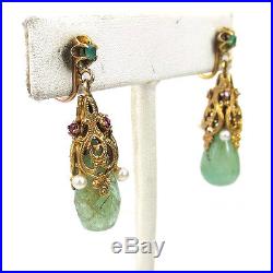 Vintage 44.70ct Green Beryl Pearl & 0.45ct Ruby 14K Gold Earrings & Pendant Set