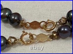 Vintage 585 14k Yellow Gold Black Tahitian Pearl Beaded Necklace & Bracelet Set