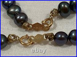 Vintage 585 14k Yellow Gold Black Tahitian Pearl Beaded Necklace & Bracelet Set