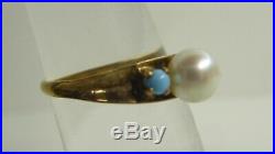 Vintage 9 Ct Gold Ring With Pearl Turquoise Setting