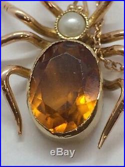 Vintage 9ct Rose Gold Citrine & Pearl Set Spider Necklace