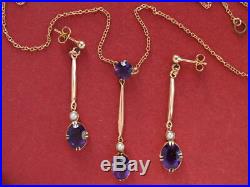Vintage 9ct gold Pearl & Amethyst Lavalier Pendant on chain + Earrings Set 5.90g