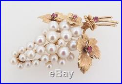 Vintage Akoya Cultured Pearl & Ruby Set 14k Gold Grape Brooch Val $4900