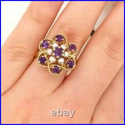 Vintage Amethyst & Cultured Pearl Cluster Ring Set in 9ct Yellow Gold