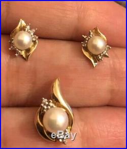 Vintage Antique 9ct Yellow Gold Diamond Fresh Pearl Earrings Pendant Set