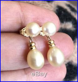 Vintage Antique 9ct Yellow Gold Pearls Necklace Earrings Set Dangle Drop