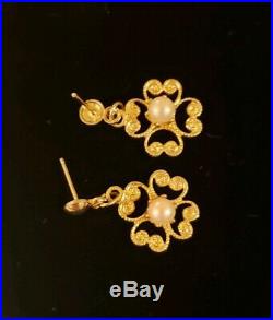 Vintage Antique Filigree 14k Yellow Gold Prong Set Pearl Dangle Earrings